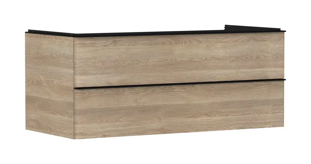 Heller Waschtischunterschrank aus Holz mit zwei Schubkästen. Die Oberkante ist schwarz. Produkt von Hansgrohe, geeignet für Aufsatzwaschtische.